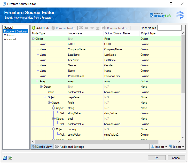 Firestore Source Editor Document Designer